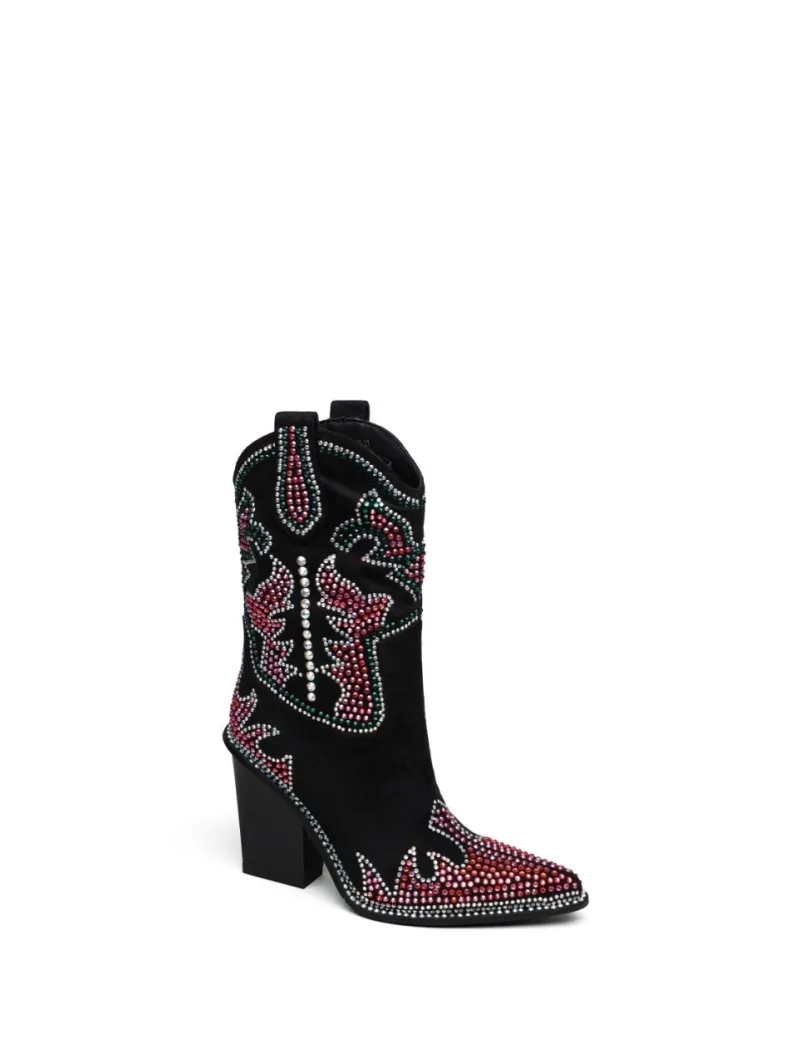 Stiefeletten aus Wildlederimitat mit klobigem Absatz und Strasssteinen